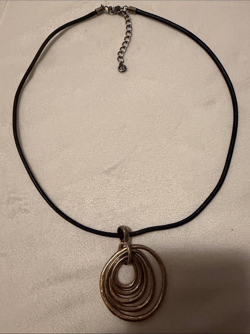 Vintage 1946 Black Cord Necklace with Gold Concentric Hoop Pendant